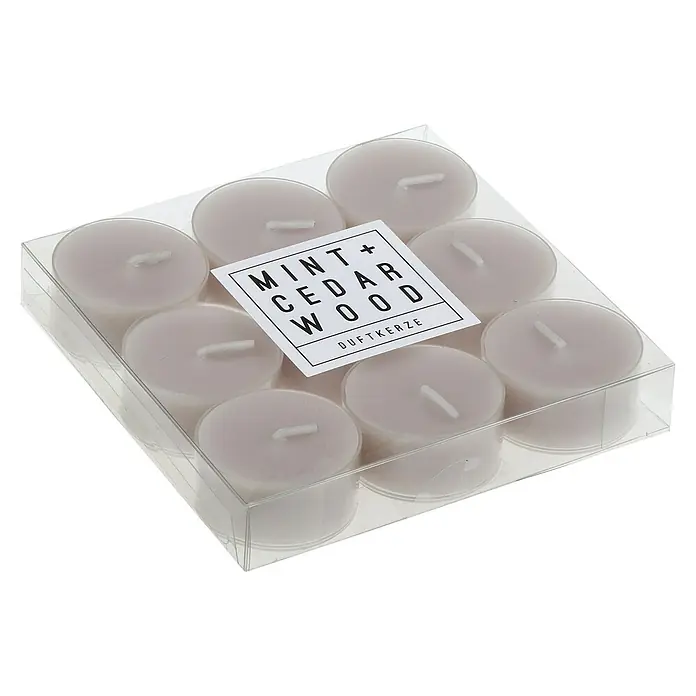 Teelichter Duft - 9 Stk., Mint und Cedarwood - Eine durchsichtige Plastikbox mit acht Minz- und Zedernholz-Duftkerzen, die einen erfrischenden und beruhigenden Duft verströmen.