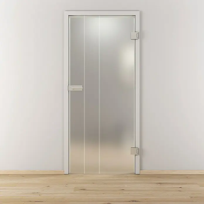 Diamond Doors Glasdrehtür 595 - 959 x 1.972 mm, DIN Anschlag: Rechts, Milchglas - Bild einer modernen, satinierten Glastür mit elegantem, weißem Rahmen in einem minimalistischen Raum.