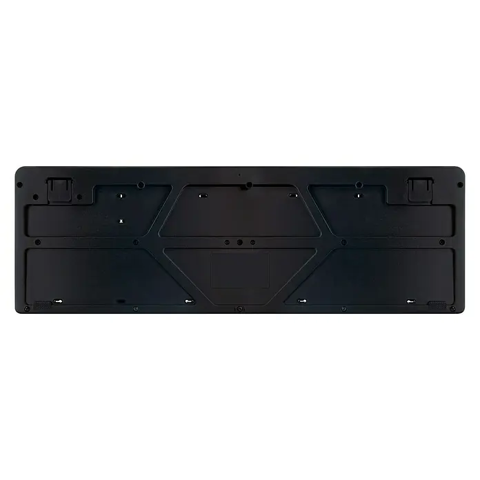 Schwaiger Funk-Tastatur - L x B x H: 14,1 x 43,9 x 2,3 cm, Passend für: Windows® 2000/ XP/ Vista/ Windows® 7/ Windows® 8/ Windows® 10, Schwarz - Nahaufnahme der Unterseite einer schwarzen Tastatur mit sichtbaren Schrauben und einer rechteckigen Struktur.
