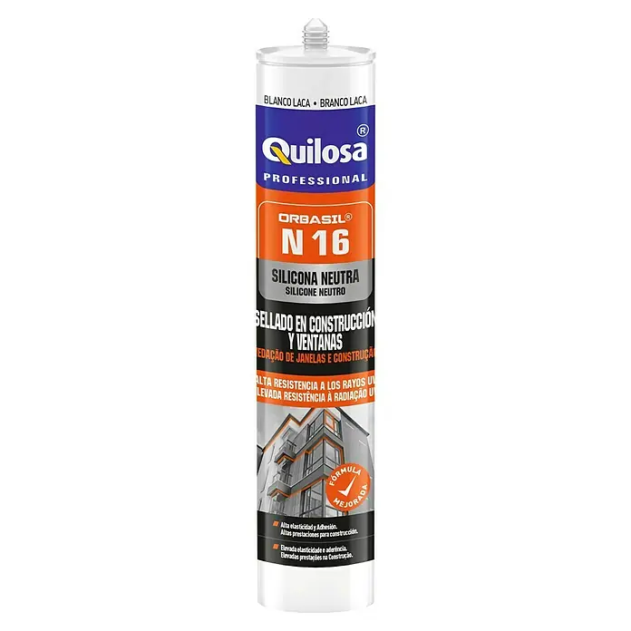 Quilosa Silicona para construcción y ventanas Orbasil N 16 - Transparente, 300 ml - Imagen del producto de silicona Quilosa Orbasil N16, neutra, para construcción y ventanas, con alta resistencia a los rayos UV y fórmula mejorada.