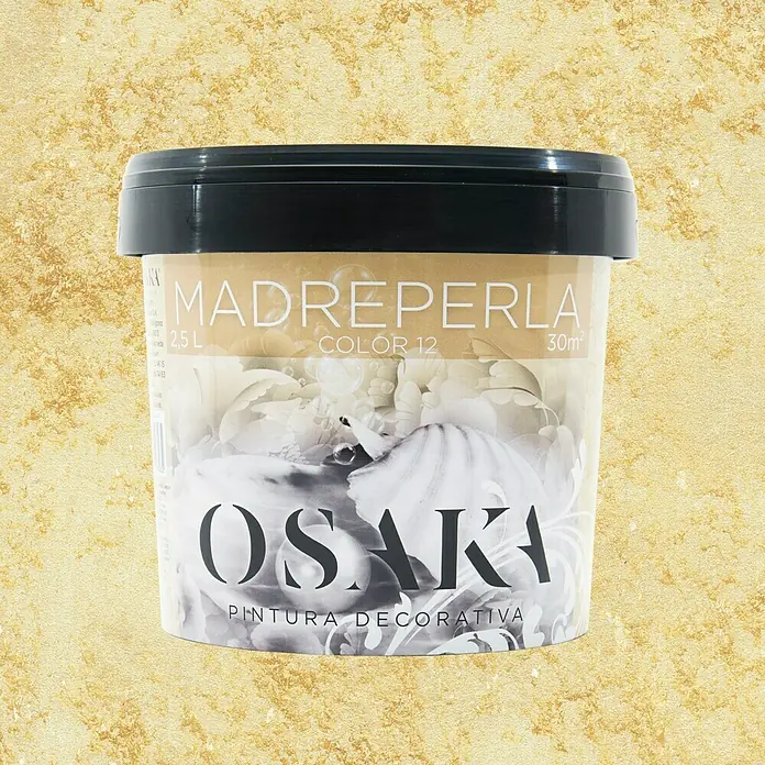 Osaka Yeso con efecto de color Madreperla - Dorado, Brillante - Bote de pintura Osaka Madreperla Color 12, una pintura decorativa con efecto nacarado para interiores, 2,5 litros, ideal para diseño de paredes elegante.