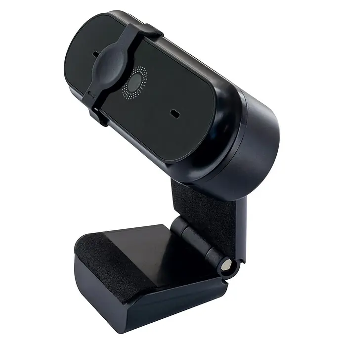 Schwaiger Kamera Webcam - 30 Bilder pro Sekunde, Schwarz - Produktansicht einer schwarzen Webcam mit flexibler Halterung für vielseitige Einsatzmöglichkeiten. Ideal für Videokonferenzen und Streaming.