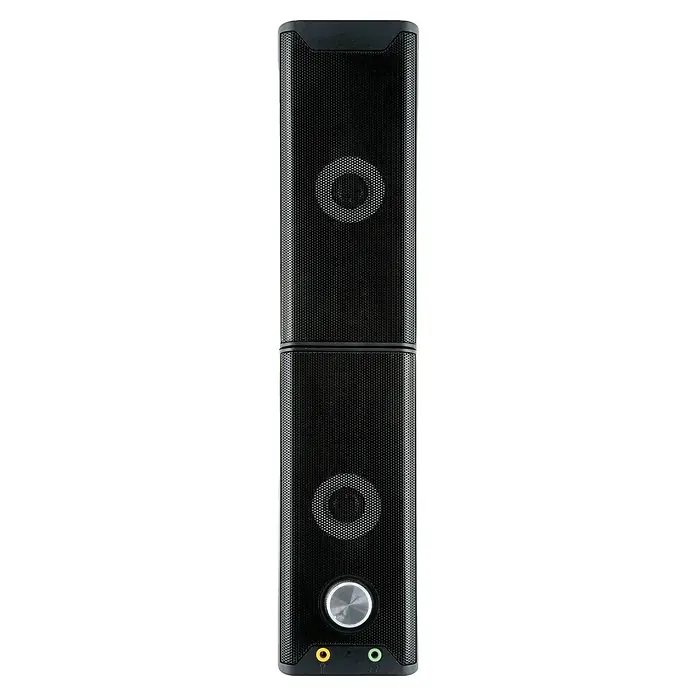 Schwaiger Soundbar teilbar - Bluetooth, 6 W, Schwarz - Bild eines schlanken, schwarzen Lautsprechers mit zwei runden Gittern und Bedienelementen an der Unterseite.