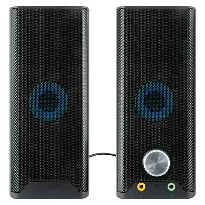 Schwaiger Soundbar teilbar - Bluetooth, 6 W, Schwarz - Nahaufnahme von zwei schwarzen Computerlautsprechern mit runden blauen Lichtern und einem Lautstärkeregler.