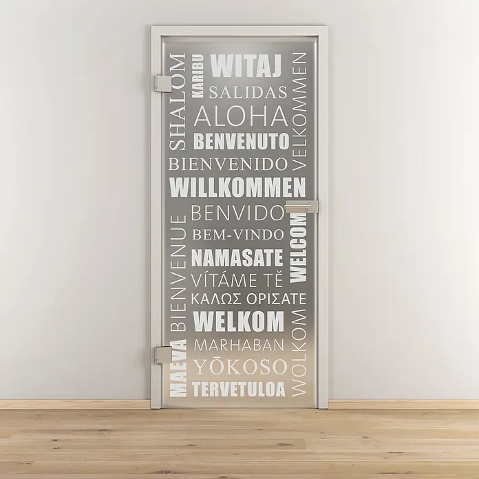 Diamond Doors Glasdrehtür 544 - 834 x 1.972 mm, DIN Anschlag: Links, Milchglas - Glastür mit verschiedenen Willkommensgrüßen in diversen Sprachen, einladend und dekorativ für den Eingangsbereich oder das Büro.