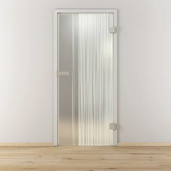 Diamond Doors Glasdrehtür 584 - 834 x 1.972 mm, DIN Anschlag: Rechts, Milchglas - Elegante Glastür mit vertikalen Streifen und schlichtem Rahmen, die modernes Design und Funktionalität in Ihrem Zuhause vereint.