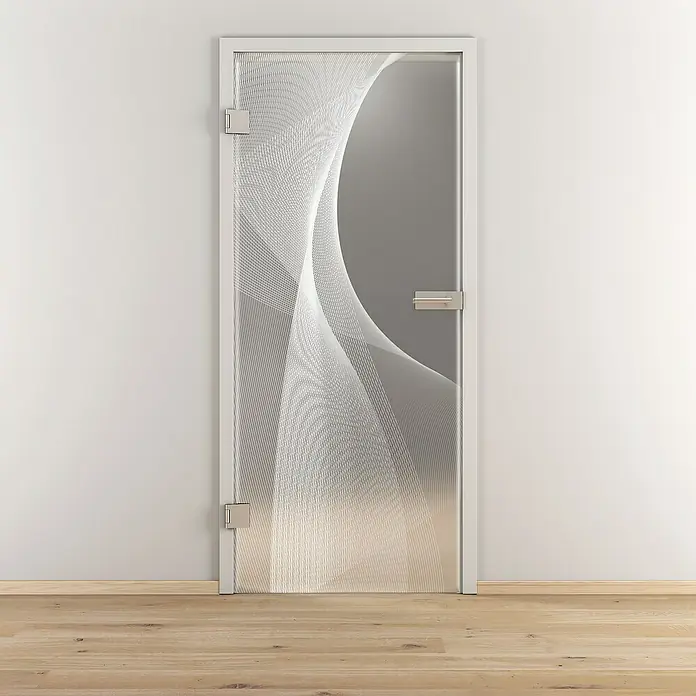 Diamond Doors Glasdrehtür 634 - 959 x 1.972 mm, DIN Anschlag: Links, Milchglas - Bild einer modernen Glastür mit einem stilvollen, geschwungenen Design, das Eleganz und Funktionalität in jedem Raum vereint.