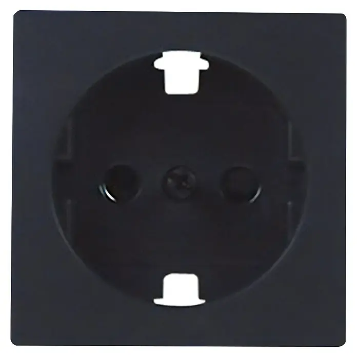 Simon 82 Tapa para mecanismo enchufe 2 P+TT - Grafito, Plástico - Primer plano de un enchufe redondo negro con dos agujeros y un agujero para tornillo en el centro.