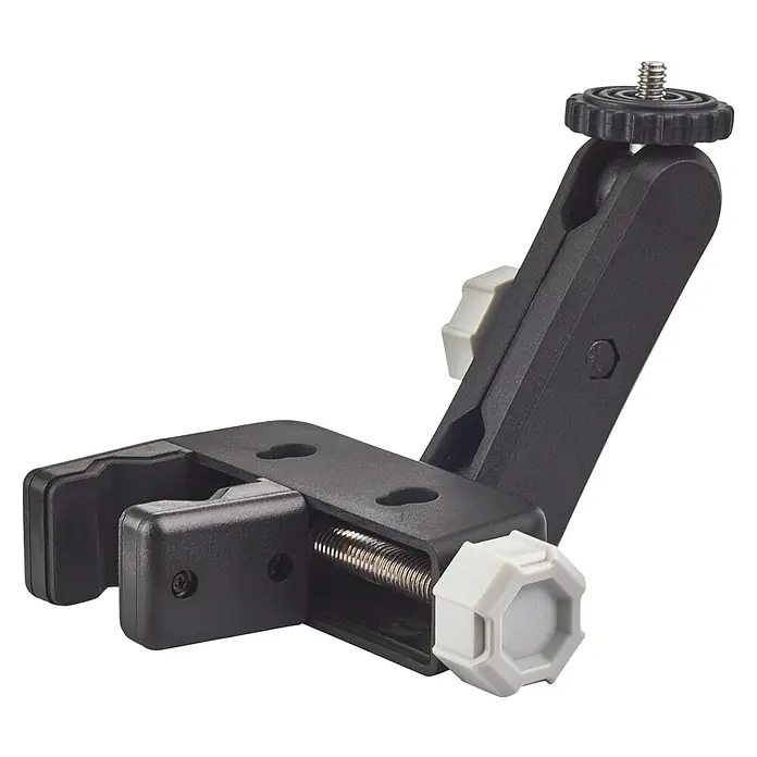 Ryobi Kreuzlinienlaser RBCLLG1 - Max. Arbeitsbereich: 15 m - Nahaufnahme einer verstellbaren Klemme mit Stativkopf, ideal zum Befestigen von Geräten an Ständern oder Oberflächen.
