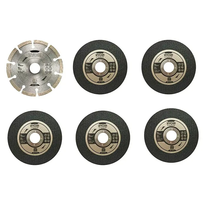 Ryobi Zubehör-Set RAK6AGD125 - 6 Stk., Passend für: Winkelschleifer 125 mm - Bild von Ryobi Schleifscheiben und Diamantscheibe, Werkzeugzubehör für Winkelschleifer.