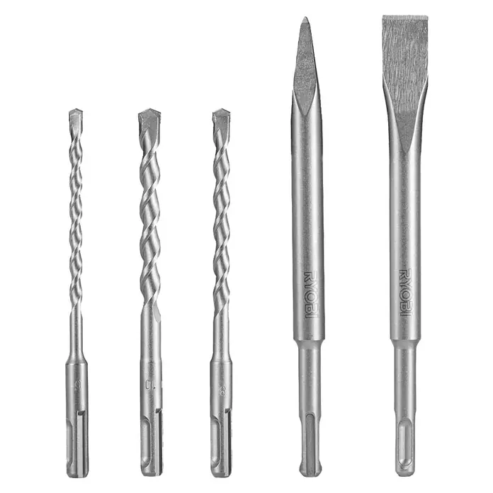 Ryobi Bohrer-Set RAKSP05 - 5 Stk. - Nahaufnahme von Ryobi Bohrersatz mit Betonbohrern und Meißelaufsätzen für Hammerbohrmaschinen.