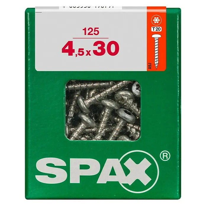 Spax T-Star plus Universalschraube - Ø x L: 4 x 30 mm, Vollgewinde, 125 Stk. - Bild einer Spax-Schraubenpackung. Die Packung enthält 125 Senkkopfschrauben mit den Maßen 4,5 x 30 mm und einem T20-Antrieb.