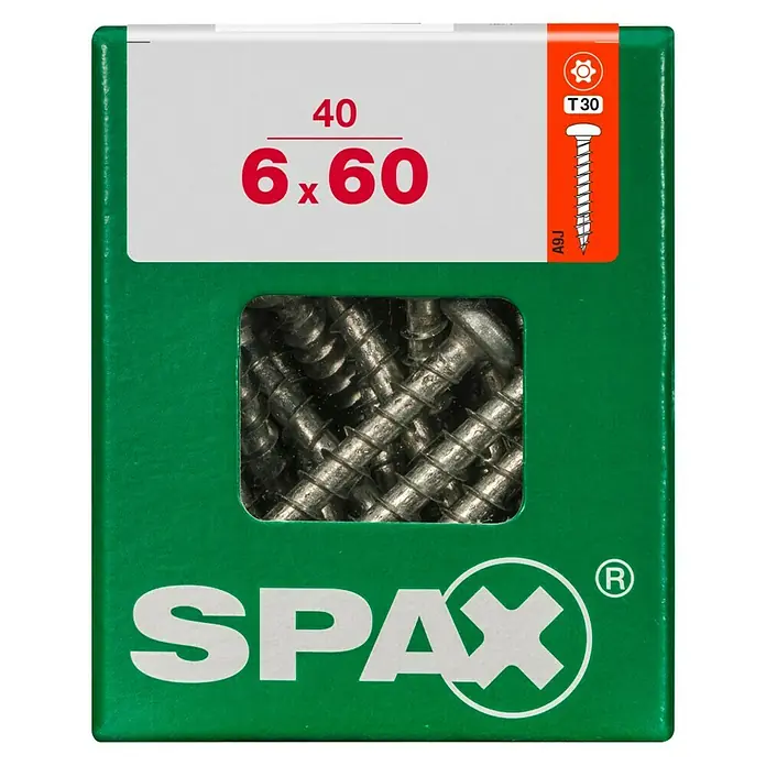 Spax T-Star plus Universalschraube - Ø x L: 6 x 60 mm, Vollgewinde, 40 Stk. - Eine grüne Packung SPAX Schrauben, 6x60 mm groß, mit einem transparenten Fenster, das die Schrauben zeigt, und einer roten T30-Kennzeichnung.