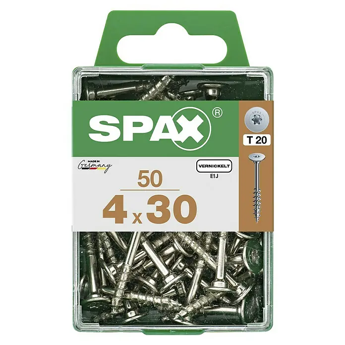 Spax T-Star plus Rückwandschraube - Ø x L: 4 x 30 mm, Teilgewinde, 50 Stk. - Produktbild einer Spax Schraubenpackung mit 50 Stück 4x30 mm Schrauben, ideal für diverse Befestigungsarbeiten im Innen- und Außenbereich.