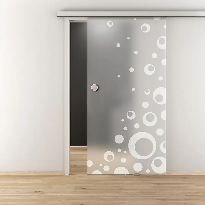 Diamond Doors Glasschiebetür 506 - 935 x 2.058 mm, Einscheibensicherheitsglas (ESG), Milchglas - Schiebetür aus Glas mit kreisförmigem Muster, halb geöffnet, für einen modernen und stilvollen Inneneinrichtungsakzent.