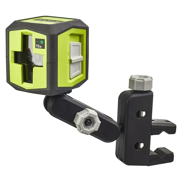 Ryobi Kreuzlinienlaser RBCLLG1 - Max. Arbeitsbereich: 15 m - Ein Nivelliergerät mit grünen Laserlinien und einer robusten Halterung für präzise Ausrichtung bei Bau- und Renovierungsarbeiten.
