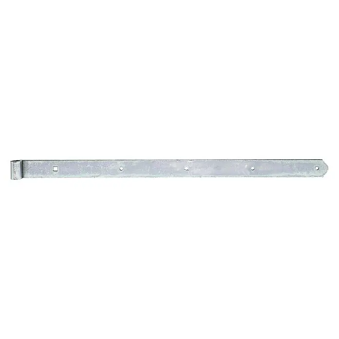 Stabilit Scharnier - Stärke: 5 mm, Verzinkt, L x B: 700 x 40 mm - Nahaufnahme eines langen, silberfarbenen Torbandes mit Befestigungslöchern, das für die Anbringung an Toren oder Türen verwendet wird.