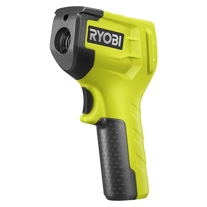 Ryobi Infrarot-Thermometer RBIRT08 - Messbereich: -50 °C bis +500 °C - Nahaufnahme eines gelben Ryobi-Temperaturmessgeräts. Es ist ein Werkzeug zur Messung von Oberflächentemperaturen aus der Ferne.