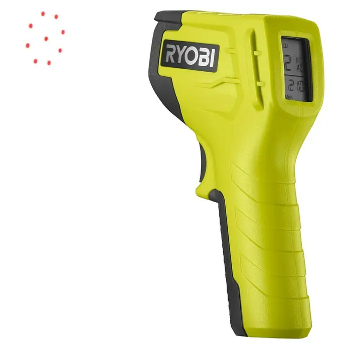 Ryobi Infrarot-Thermometer RBIRT08 - Messbereich: -50 °C bis +500 °C - Ryobi Infrarot-Thermometer zur Temperaturmessung. Das Werkzeug ist gelb mit einem Digitaldisplay.