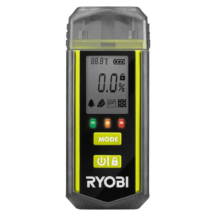 Ryobi Feuchtigkeitsmessgerät RBPINMM1 - Geeignet für: Baumaterialien/Holz - Das Ryobi Feuchtigkeitsmessgerät zeigt 0,0 % Feuchtigkeit an. Ein Werkzeug zur präzisen Messung des Feuchtigkeitsgehalts verschiedener Materialien.