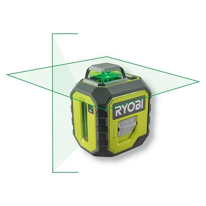 Ryobi Kreuzlinienlaser 360° RB360GLL - Max. Arbeitsbereich: 25 m - Das Bild zeigt einen Ryobi 360°-Linienlaser, der grüne Laserlinien projiziert, mit einem robusten, gelb-schwarzen Gehäuse und intuitiven Bedienelementen.