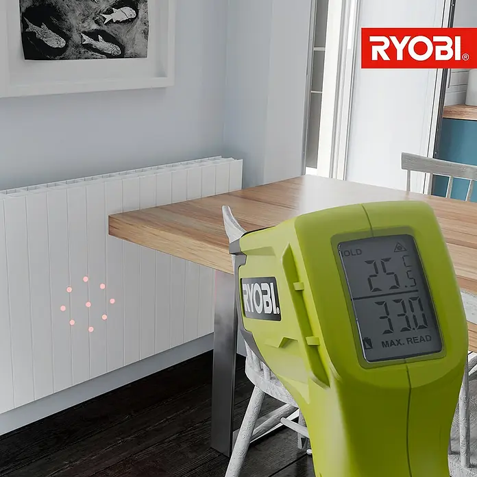 Ryobi Infrarot-Thermometer RBIRT08 - Messbereich: -50 °C bis +500 °C - Das Bild zeigt ein RYOBI-Thermometer, das die Temperatur eines Heizkörpers misst. Das Thermometer zeigt 25,5 °C an.