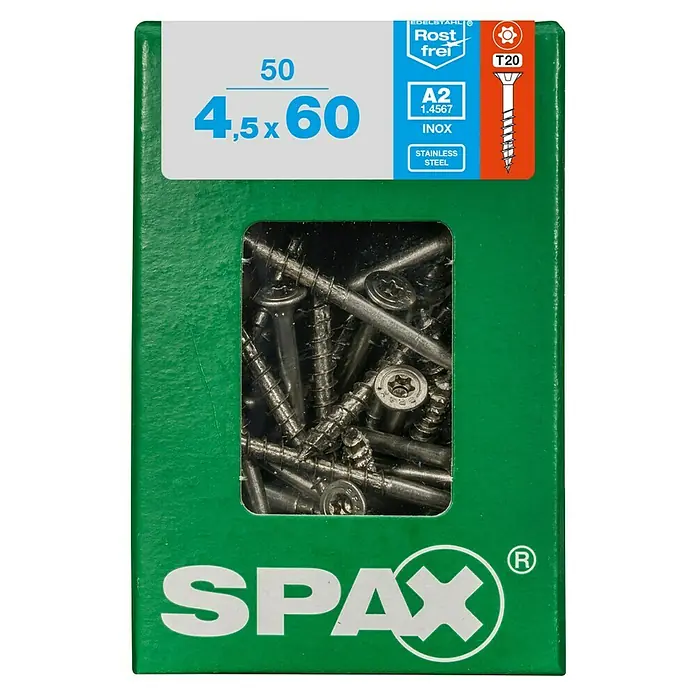Spax T-Star plus Senkkopfschraube Rostfrei - Ø x L: 4,5 x 60 mm, Edelstahl rostfrei A2, 50 Stk., Teilgewinde - Eine grüne Packung SPAX-Schrauben, Größe 4,5 x 60, mit der Aufschrift „Rostfrei“ und der Kennzeichnung „A2“.