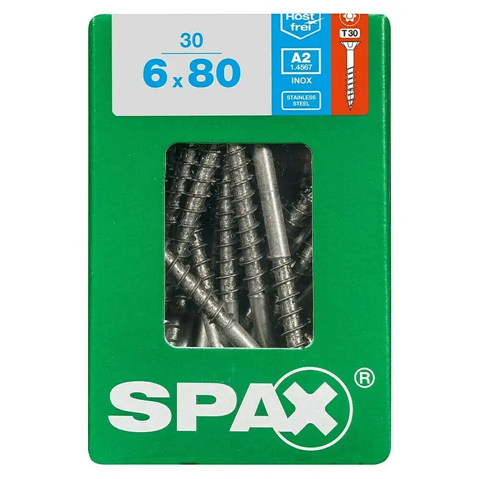 Spax T-Star plus Senkkopfschraube T-Star plus - Ø x L: 6 x 80 mm, Edelstahl, 30 Stk., Teilgewinde - Eine grüne Spax-Schrauben-Box der Größe 6x80 mm, gefüllt mit Edelstahlschrauben. Die Verpackung ist mit Produktinformationen versehen.