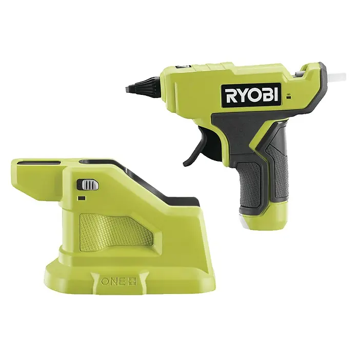 Ryobi ONE+ Akku-Heißklebepistole RGLM18-0 - 18 V, Ohne Akku, Durchmesser Klebepatrone: 7 mm - Akkubetriebene Heißklebepistole und Ladestation von Ryobi, ideal für Bastel- und Reparaturarbeiten mit hoher Präzision.