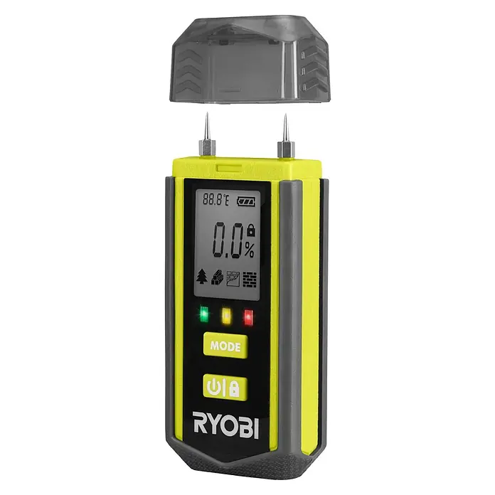 Ryobi Feuchtigkeitsmessgerät RBPINMM1 - Geeignet für: Baumaterialien/Holz - Ryobi Feuchtigkeitsmessgerät zur präzisen Bestimmung des Feuchtigkeitsgehalts in Holz, Mauerwerk und anderen Materialien, mit Schutzkappe.