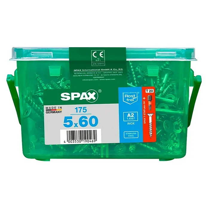 Spax Senkkopfschraube T-Star Plus - Ø x L: 5 x 60 mm, Edelstahl rostfrei A2, 175 Stk., Teilgewinde - Eine grüne Dose Spax-Schrauben 5x60 mit einem T-Star-Bit. Hergestellt in Deutschland, A2 Edelstahl, rostfrei.