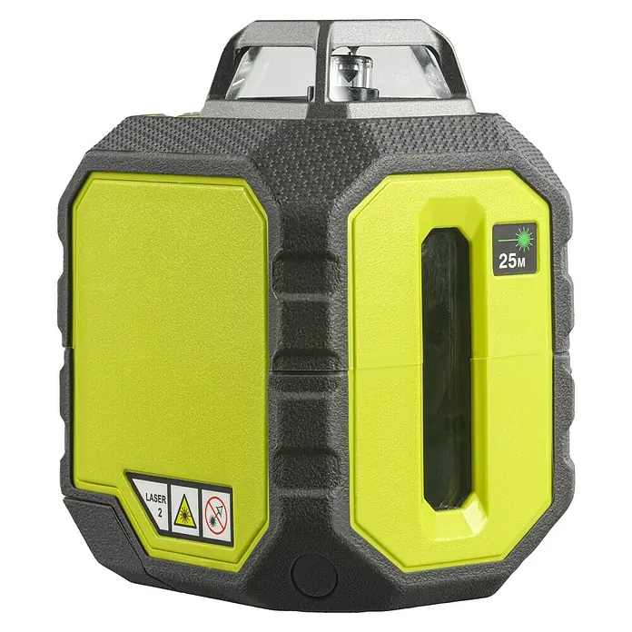 Ryobi Kreuzlinienlaser 360° RB360GLL - Max. Arbeitsbereich: 25 m - Abbildung eines Ryobi-Lasernivelliergeräts, das für präzise Nivellierungsanwendungen entwickelt wurde. Es ist robust und für Baustellenbedingungen geeignet.