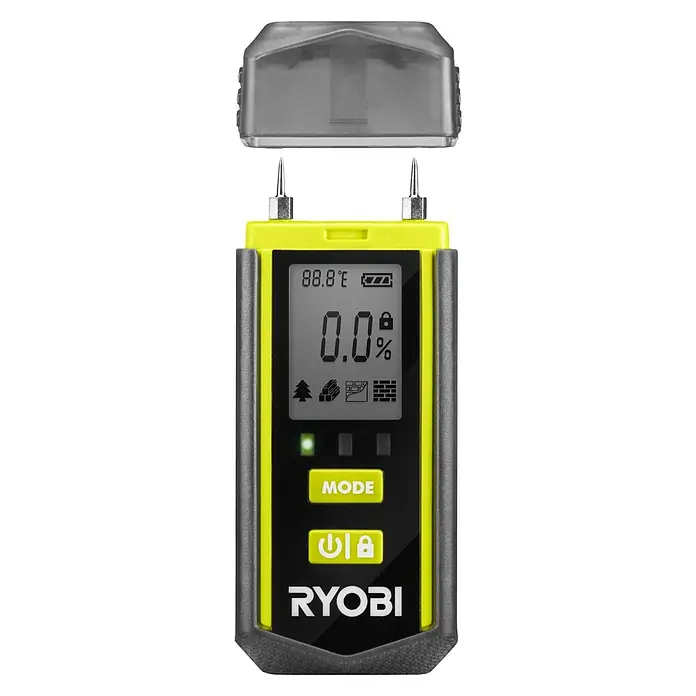 Ryobi Feuchtigkeitsmessgerät RBPINMM1 - Geeignet für: Baumaterialien/Holz - Ryobi Feuchtigkeitsmesser mit gelbem Gehäuse, schwarzem Display und transparentem Deckel für Messungen von Holz, Ziegel und Baustoffen.