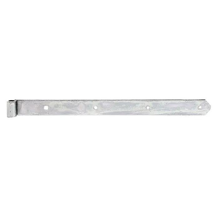 Stabilit Bisagra - L x An: 500 x 40 mm, Espesor: 5 mm, Zincado - Vista de una bisagra de puerta galvanizada con múltiples orificios y una bisagra para sujetar una puerta o portón.