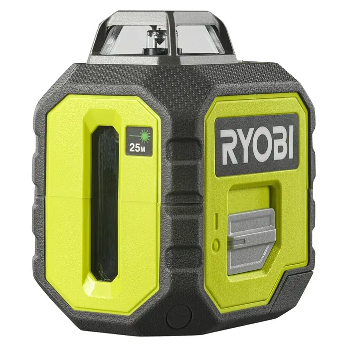 Ryobi Kreuzlinienlaser 360° RB360GLL - Max. Arbeitsbereich: 25 m - Nahaufnahme eines Ryobi-Kreuzlinienlasers, der ein präzises Nivellieren ermöglicht. Ideal für Heimwerker- und Bauprojekte mit hoher Genauigkeit.