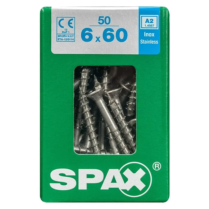 Spax T-Star plus Senkkopfschraube Rostfrei - Ø x L: 6 x 60 mm, Edelstahl rostfrei A2, 50 Stk., Teilgewinde - Eine Packung SPAX-Schrauben 6 x 60 mm, A2 Edelstahl, für vielseitige Anwendungen im Innen- und Außenbereich.