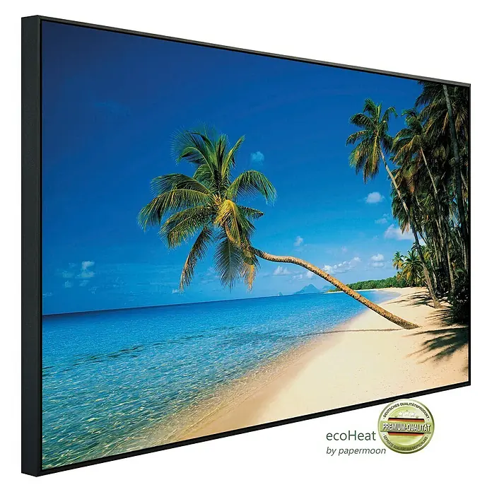 Papermoon Infrarot-Bildheizkörper Leaning Palms - 60 x 50 cm, 350 W - Gerahmtes Wandbild mit tropischem Strandmotiv. Hochwertiger Kunstdruck mit Palmen und blauem Meer, ideal für Wohnzimmer oder Büro.