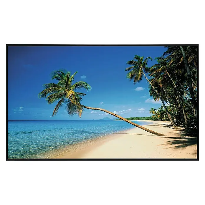 Papermoon Infrarot-Bildheizkörper Leaning Palms - 60 x 50 cm, 350 W - Tropische Strandlandschaft mit Palmen und blauem Himmel. Ideal für entspannende Dekorationen, die Urlaubsgefühle vermitteln.