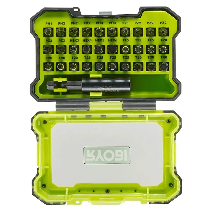 Ryobi Bit-Set RAK31MSDI - 31 Stk. - Das Bild zeigt ein Ryobi Schrauberbit-Set, das eine Vielzahl von Bits in verschiedenen Größen und Formen für unterschiedliche Schraubarbeiten enthält.