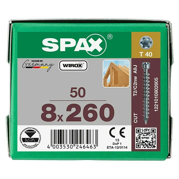 Spax Holzschraube IN.FORCE - Ø x L: 8 x 260 mm, WIROX Oberfläche, T-Star plus, 50 Stk. - Nahaufnahme einer grünen SPAX-Schraubenverpackung mit Größenangabe 8x260 und T40-Bit-Kompatibilität.