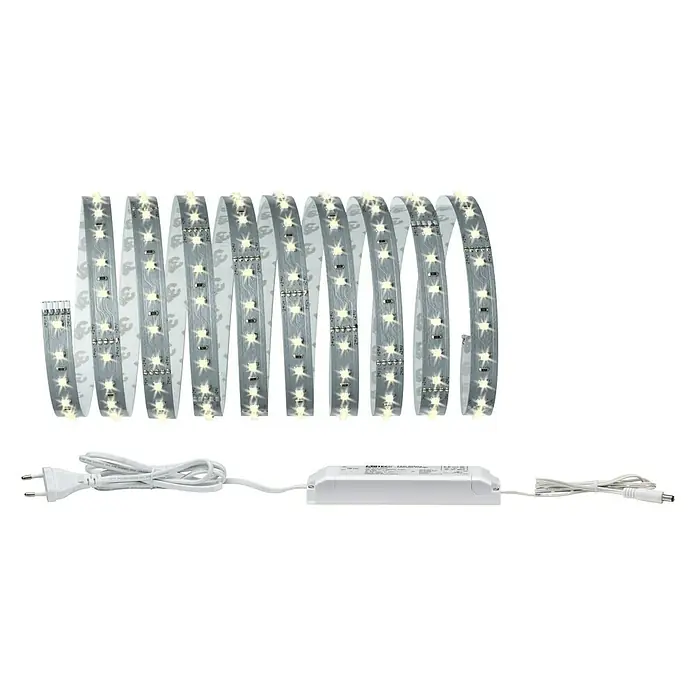 Paulmann MaxLED 500 LED-Band Basisset unbeschichtet - Länge: 3 m, Lichtfarbe: Warmweiß, 20 W, 1.650 lm - Eine LED-Lichterkette mit Stecker und Transformator, die sich spiralförmig auf einem schwarzen Hintergrund befindet.