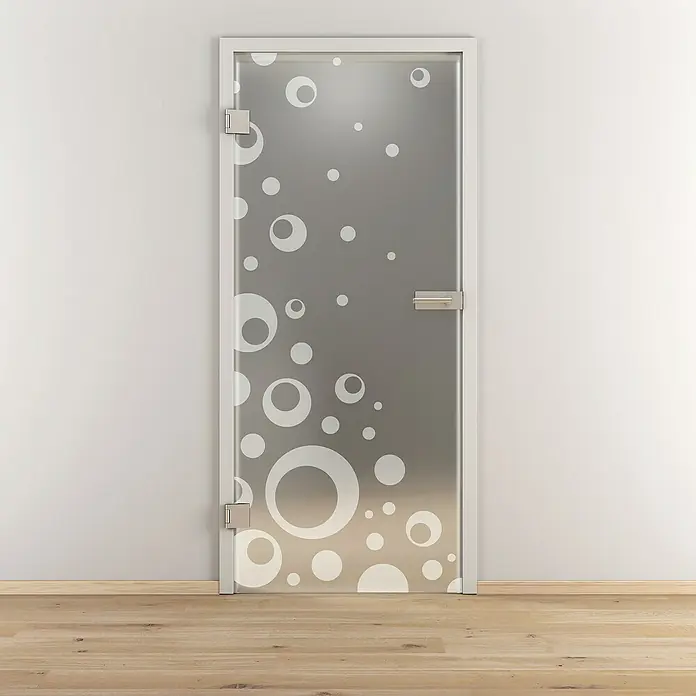 Diamond Doors Glasdrehtür 506 - 959 x 1.972 mm, DIN Anschlag: Links, Milchglas - Eine moderne Glastür mit einem verspielten Kreismuster, ideal für ein stilvolles und helles Interieur.