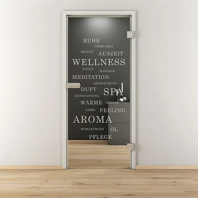 Diamond Doors Glasdrehtür 621 - 834 x 1.972 mm, DIN Anschlag: Rechts, Klarglas - Eine Glastür mit Wellness-Aufdruck, die einen Einblick in einen entspannenden Raum bietet.