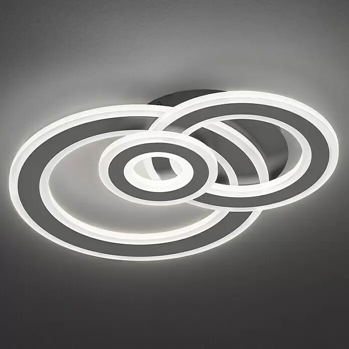 WOFI LED-Deckenleuchte - 24,5 W, L x B x H: 47,5 x 36 x 7 cm, Dunkelgrau, Warmweiß - Moderne Deckenleuchte mit drei überlappenden, beleuchteten weißen und dunkelgrauen Ringen.