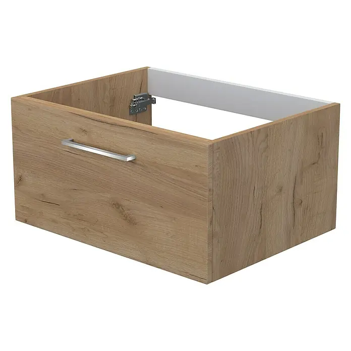 Camargue Espacio Waschtischunterschrank - 60 x 46 x 30 cm, Doce - Die Abbildung zeigt einen modernen Holzunterschrank mit einem Griff und einem Scharnier, ideal für Badezimmer oder Küche.
