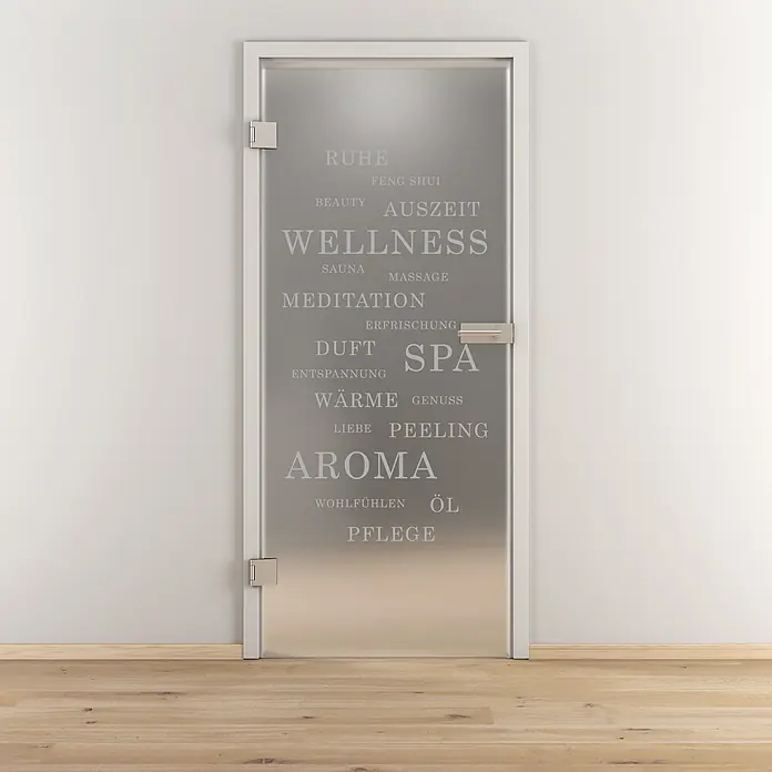 Diamond Doors Glasdrehtür 621 - 709 x 1.972 mm, DIN Anschlag: Links, Milchglas - Eine moderne Glastür mit dem Aufdruck von Wellness-Begriffen in einem stilvollen Design, ideal für Spa-Bereiche.