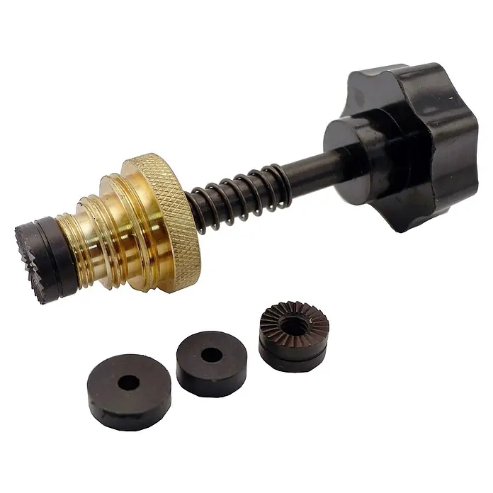 Rothenberger Industrial Wasserhahnventil-Sitzfräser - ⅜″ & ½″, Geeignet für: Armaturen - Nahaufnahme eines Präzisionswerkzeugs mit Messing-, Feder- und Knopfkomponenten sowie separaten Unterlegscheiben.