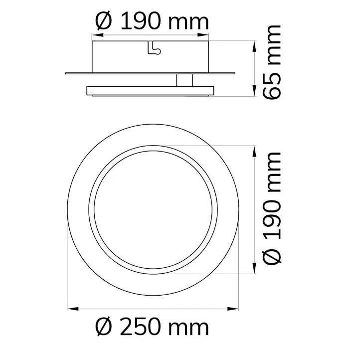 WOFI Sutter LED-Wandleuchte - 10,5 W, Aluminium-gebürstet, Warmweiß - Technische Zeichnung einer Deckenleuchte mit Maßangaben für Durchmesser (190/250 mm) und Höhe (65 mm).