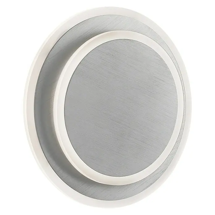 WOFI Sutter LED-Wandleuchte - 10,5 W, Aluminium-gebürstet, Warmweiß - Nahaufnahme einer runden, modernen Wandleuchte mit Holzstruktur und weißem Rahmen.
