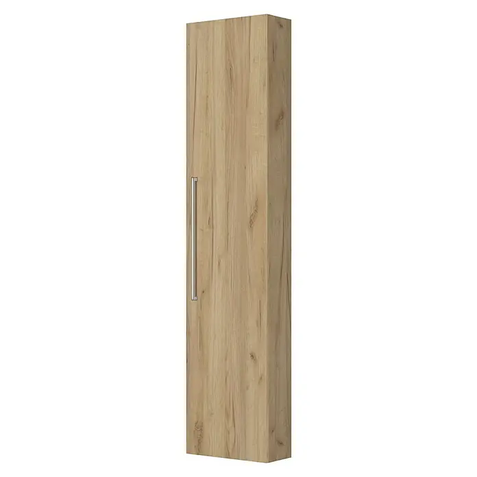 Camargue Espacio Hochschrank - 40 x 17 x 170 cm, Farbe Griff: Chrom, Doce - Ein hochformatiger Küchenschrank mit einer hölzernen Textur und einem silbernen Griff an der Tür.